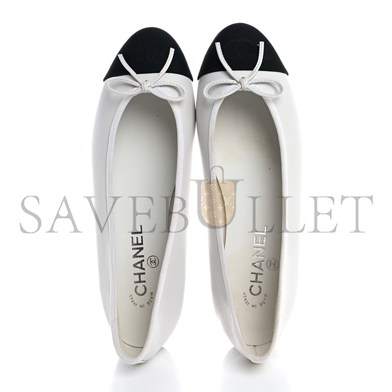 CHANEL LAMBSKIN CAP TOE CC BALLERINA FLATS WHITE BLACK 